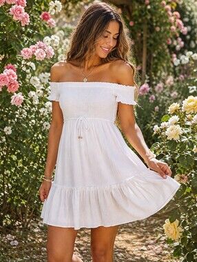 Michael Kors womens off shoulder smocked tiered ruffle dress large white